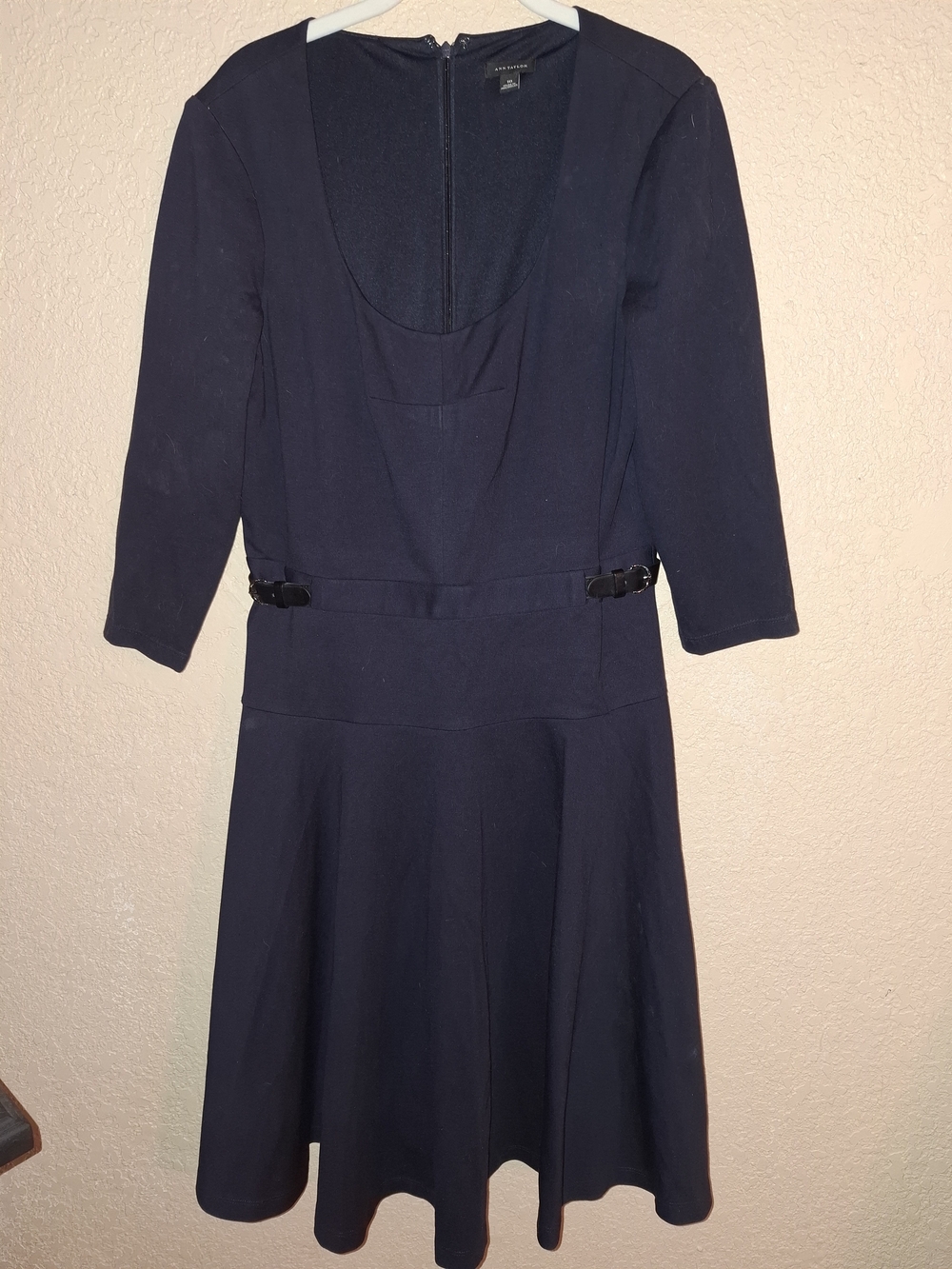 Ann Taylor Navy Scoop-Neck Long-Sleeve Fit-and-Flare Dress
